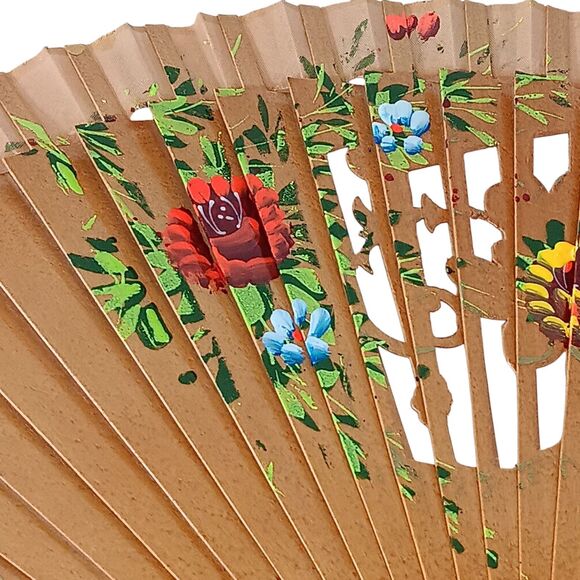 VTG Wood & Fabric Hand Painted Floral Spanish Hand Fan Cutout Design 16x9 Unique - Picture 4 of 15